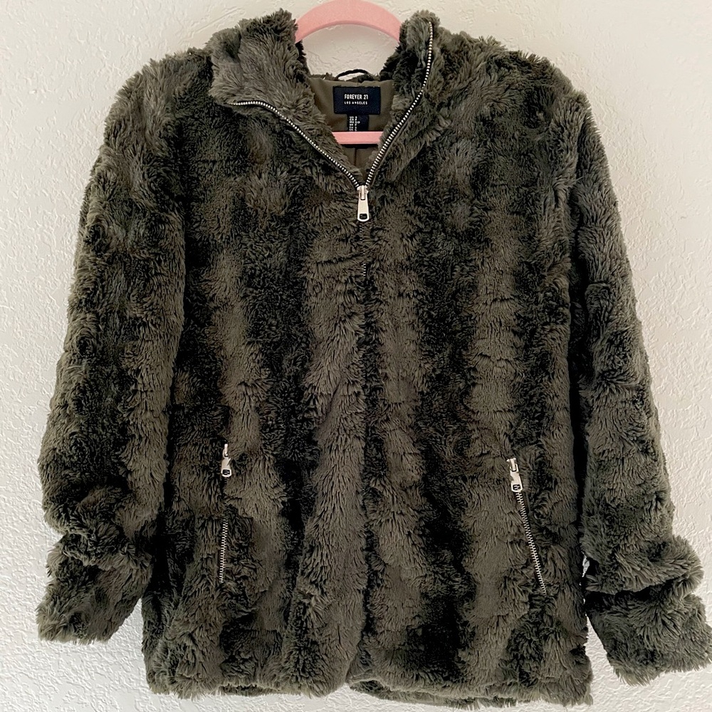Olive green faux fur coat